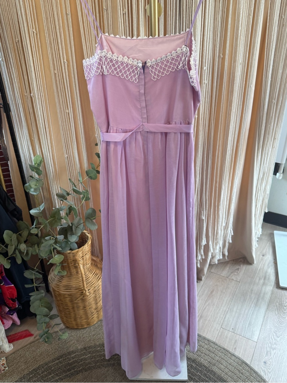 vintage lavender maxi dress white lace trim straight neckline spaghetti straps - Picture 3 of 13